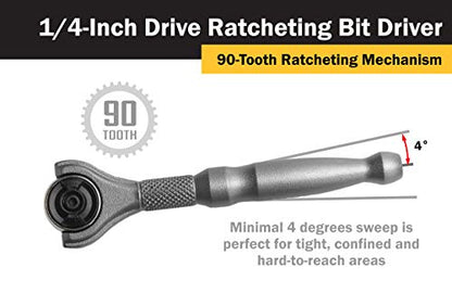 Titan 11318 1/4-Inch Drive x 4-Inch 90-Tooth Swivel Head Micro Ratcheting Bit Driver - Silver - style: Swivel Head - Silver