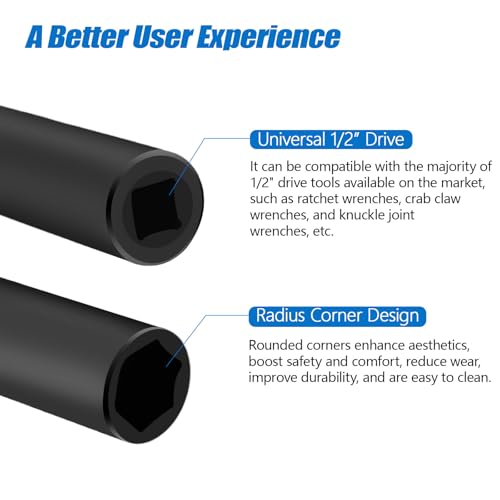 1/2 Inch Drive Extended Length Impact Socket Set - Ryansunoro 1/2 Impact Socket Set with 6 Sizes 3/4", 7/8", 15/16", 1-1/16”, 1-1/8", 1-1/4" Extra Deep Socket Set Kit, Mechanical Equipment Maintenance