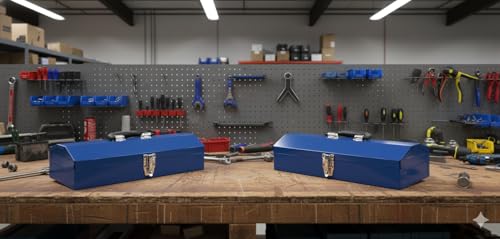 2PACK Portable Tool Box, Metal Tool Box, 4 Non-Slip Foot Pads, Ideal for Trailer, Mechanic, DIY-ers, Car Toolbox, Workshops, Garages, Repair Shops,Blue - size: 2P-Blue