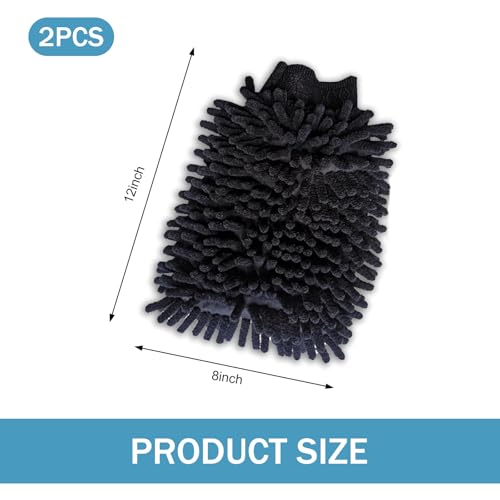 2 PCS Car Wash Mitt, Microfiber Chenille Double Sided Car Wash Gloves, Scratch-Free & Lint-Free Elastic Cuff Cleaning Gloves Kits, Clean Accessories for Cars Trucks and Household (Black)
