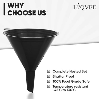 LIQVEE™ Funnels for Kitchen Use – Black Set in 4 Sizes (122, 101, 76 & 50mm) | Durable, Non-Toxic Food Grade Plastic – Ideal for Filling Bottles, Jars & Containers | Perfect for Kitchen, Garage & Labs