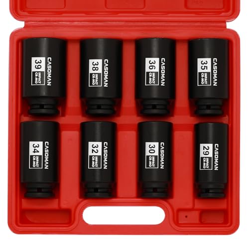 CASOMAN 1/2-Inch Drive Deep Spindle Axle Nut Impact Socket Set,12-Point, Metric, CR-MO, 29, 30, 32, 34, 35, 36, 38, 39mm, 8-Piece 1/2" Heavy Duty Impact Socket Set - size: 8 PCS