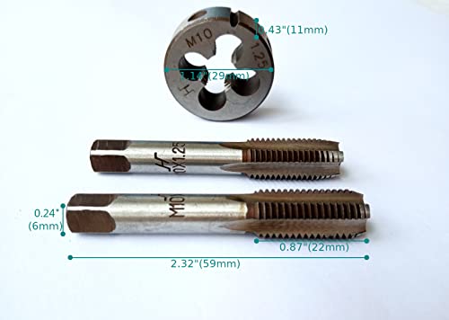 AtticZone M10 x 1.25 Metric Hand Thread Tap and Die Set, Right Hand 10 * 1.25, Alloy Tool Steel, 1 Taper Tap, 1 Plug Tap, 1 Round Die for Metal Working DIY Industrial - size: M10x1.25