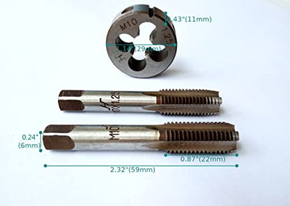 AtticZone M10 x 1.25 Metric Hand Thread Tap and Die Set, Right Hand 10 * 1.25, Alloy Tool Steel, 1 Taper Tap, 1 Plug Tap, 1 Round Die for Metal Working DIY Industrial - size: M10x1.25