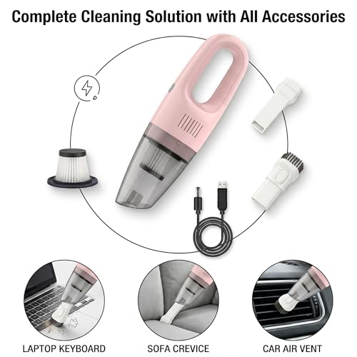 Pink Cordless Portable Car Vacuum Cleaner, High Power Handheld Vacuum | Rechargeable Lightweight Desk Duster Detailing Kit for Auto Interior & Kitchen, Aesthetic Car Accessories for Women