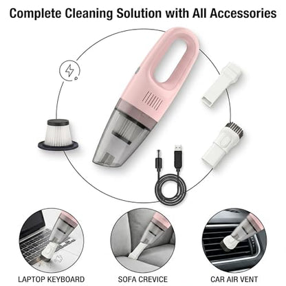 Pink Cordless Portable Car Vacuum Cleaner, High Power Handheld Vacuum | Rechargeable Lightweight Desk Duster Detailing Kit for Auto Interior & Kitchen, Aesthetic Car Accessories for Women