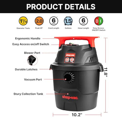 Shop-Vac 1.5 Gallon 2.0 Peak HP Wet/Dry Vacuum, Small Portable Shop Vacuum with Attachments, Mini for Garage, Car, Home and Pet