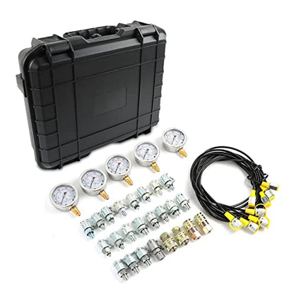 Hydraulic Pressure Test Kit with 5 Gauges, 10/100/250/400/600bar, 24 Couplings 4 Test Hoses Pressure Gauge Set for Excavator Construction Machinery
