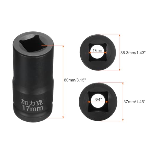 HARFINGTON 2pcs 4 Point Square Socket 3/4" Drive by 17mm Metric Square Impact Socket 40CR Blackening Standard Wheel Sockets Pneumatic Socket for Auto Repair Mechanical Maintenance Home Use - size: 17mm