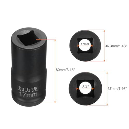 HARFINGTON 2pcs 4 Point Square Socket 3/4" Drive by 17mm Metric Square Impact Socket 40CR Blackening Standard Wheel Sockets Pneumatic Socket for Auto Repair Mechanical Maintenance Home Use - size: 17mm