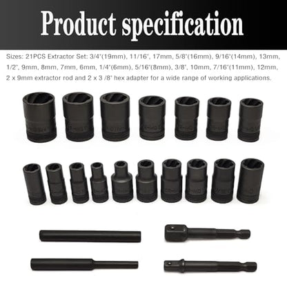 21PCS Twist Lug Nut Socket Set - 3/8 inch Drive Damaged Nut Lock Remover Extractor - Rusted & Strip & Stripped & Stuck Locking Nut Removal Tool Kit - color: 21pcs Lug Nut Extractor 3/8 Inch Drive