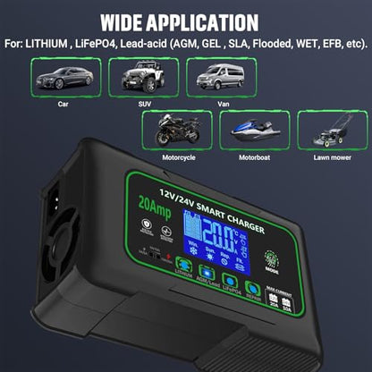 20 Amp Smart Battery Charger, 12V/20A and 24V/10A Car Battery Charger, Trickle & Maintainer Pulse Repair for Lithium, Lifepo4, Lead-Acid (AGM/Gel/SLA), Boat, Motorcycle, Golf Cart, Tractors - color: 20A-green