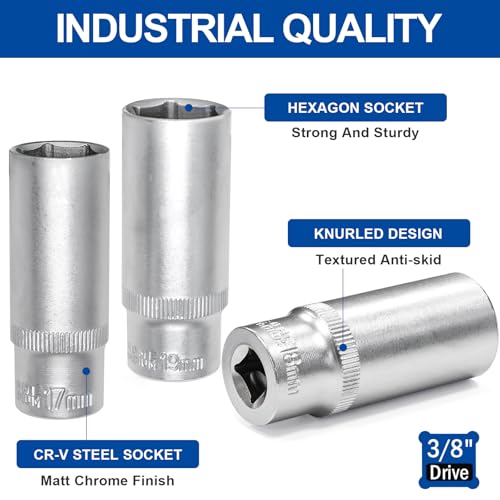 DAKCOS 11 Piece 3/8-Inch Drive Metric Deep Socket Set 8-19MM Lenth 63mm - size: 3/8"|SW 8-19 mm