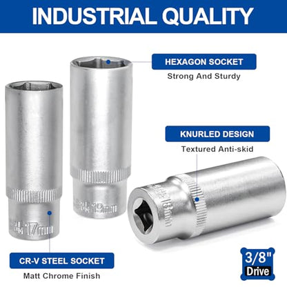 DAKCOS 11 Piece 3/8-Inch Drive Metric Deep Socket Set 8-19MM Lenth 63mm - size: 3/8"|SW 8-19 mm