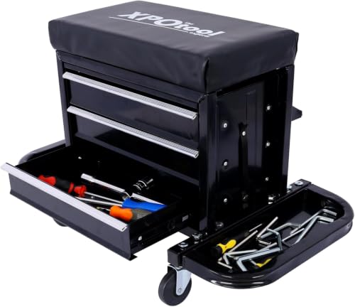 Mechanic Roller Seat with Tool Box, 3-Drawer Rolling Tool Chest Stool Mechanic Stool with Side Tool Trays