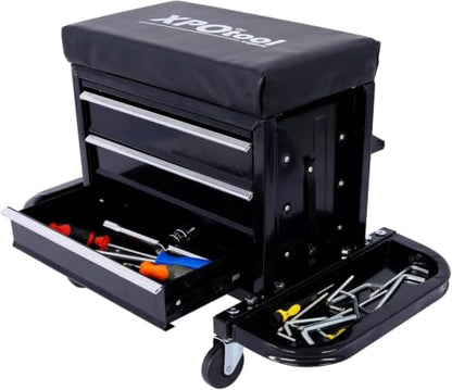 Mechanic Roller Seat with Tool Box, 3-Drawer Rolling Tool Chest Stool Mechanic Stool with Side Tool Trays