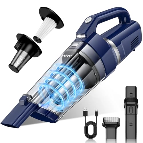 AHNR Handheld Vacuum Cordless, 16000PA Powerful Suction Hand Held Vacuum Dust Busters Cordless Rechargeable with LED Light & 2 HEPA Filters, Portable Car Vacuum Cleaner High Power for Car Home Office - color: Dark Blue/Silver