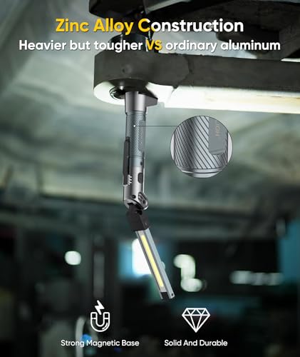 HOTLIGH Magnetic Work Light - 4000mAh Rechargeable Work Light with Hook Design, 1200 Lumens Mechanic Light, 3 Lighting Modes Magnetic Flashlight for Repairing、Emergency，1 Pack - color: Silver