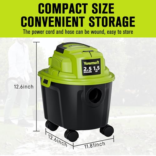 2.5 Gal Shop Vac, 1.5 HP Mini Wet Dry Vacuum with Blower, YWDV25B | 3-in-1 Portable Compact Shop Vacuum with 15ft Reach & Attachments for Car, Garage, Home