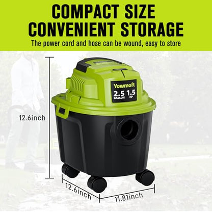 2.5 Gal Shop Vac, 1.5 HP Mini Wet Dry Vacuum with Blower, YWDV25B | 3-in-1 Portable Compact Shop Vacuum with 15ft Reach & Attachments for Car, Garage, Home