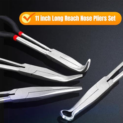 4Pcs Extra Long Needle Nose Pliers Set, 11" Long Reach Straight,45/90 Degree Bent Nose Pliers, and O-shape Hose Gripper Pliers for Car Repair/House Work