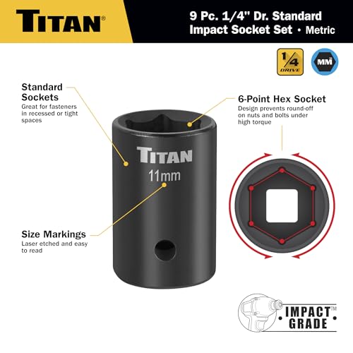Titan 46201 9-Piece 1/4-Inch Drive Metric Shallow Impact Socket Set, 6-Point, Metric Sizes 6 to 14mm - size: 9-Piece Metric Shallow, style: 1/4-Inch Drive