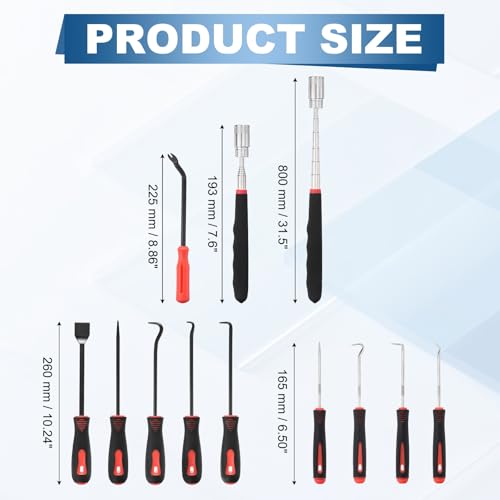 11Pcs Hook and Pick, Straight Head Magnetic Pickup Tool Large Small Hook Short Pry Bar Gasket Scraper for Remove Hoses Gaskets Car Panel Fastener, Red - color: Red