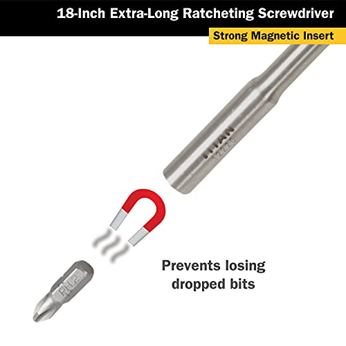 Titan 12218 18-Inch Extra Long High-Torque Ratcheting Bit Driver, Ratcheting Screwdriver Set Includes (10) Bits and Magnetic Bit Holder, Stainless Steel Shaft & S2 Steel Bits - size: 18-Inch