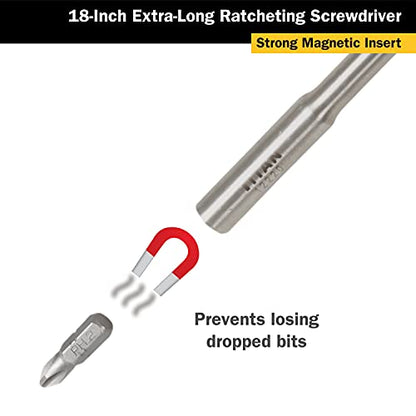 Titan 12218 18-Inch Extra Long High-Torque Ratcheting Bit Driver, Ratcheting Screwdriver Set Includes (10) Bits and Magnetic Bit Holder, Stainless Steel Shaft & S2 Steel Bits - size: 18-Inch
