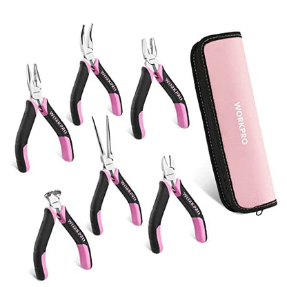 WORKPRO 6-Piece Mini Pliers Set | Needle Nose, Long Nose, Bent Nose, Diagonal, End Cutting and Linesman for Crafts Work, Electronic Repair, with Pouch - color: Pink