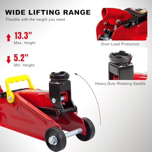 BIG RED 2 Ton Hydraulic Floor Jack, Low Profile Trolley Service Jack with 5.2"-13.3" Lifting Range, Heavy Duty Steel Car Jack for Sport Vehicle, Cars, Red - size: 2 ton
