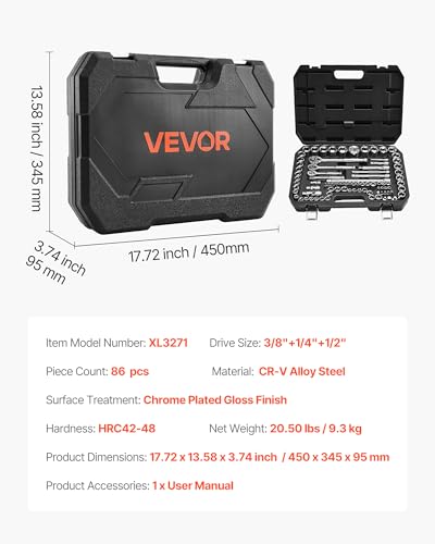 VEVOR Socket Set, 86 Pieces, 3/8 & 1/4 & 1/2 inch Drive Socket and Ratchet Set, SAE and Metric, Mechanic Tool Kit with Ratchet Wrench, Accessories and Storage Case, CR-V Alloy Steel, for Auto Repair - size: 1/4"&3/8"&1/2", style: 86 PCS