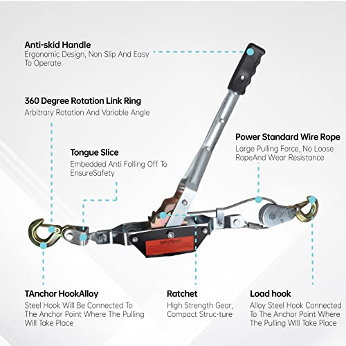 2 Ton Dual Gear Power Puller, 2 Hook Steel Cable Dual Gear Power Ratchet Come Along Puller Tool with Cable Automotive Hoist Hand Winch Cable Puller Stretcher Lift 4400 Lbs - size: 2-Ton
