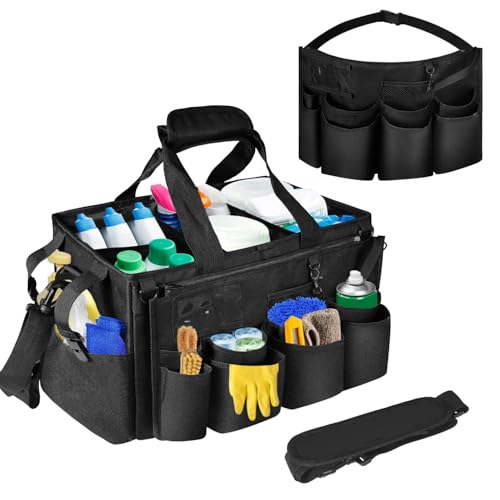 Boczif Cleaning Caddy Bag Wearable, Cleaning Caddy Supplies Organizer with Handle, Shoulder Straps & Detachable Divide, Cleaning Tool Organizers Tote Bag for Cleaners & Housekeepers（Black） - color: Black