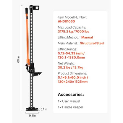 VEVOR Farm Jack 60inch, 7000 lbs Capacity Ratcheting Off Road Jeep Jack for Tractor, Truck, SUV, Bumper Lift, Orange - size: 5.1 x 9.1 x 60.0 inch