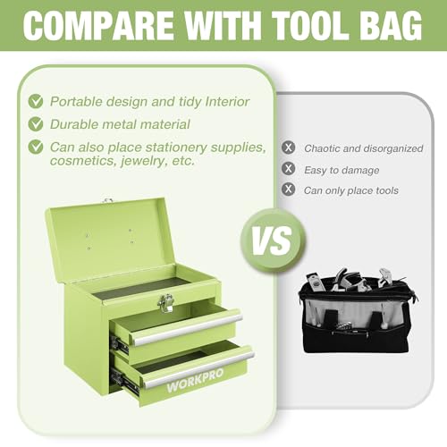 WORKPRO Portable Mini Tool Box, 2 Drawers Metal Tool Chest with Ball Bearing Slides, Top Storagewith Latch, Ergonomic Carrying Handle, Mechanic Toolbox with PVC Liners and PP Feet Pads - color: Macaron Green