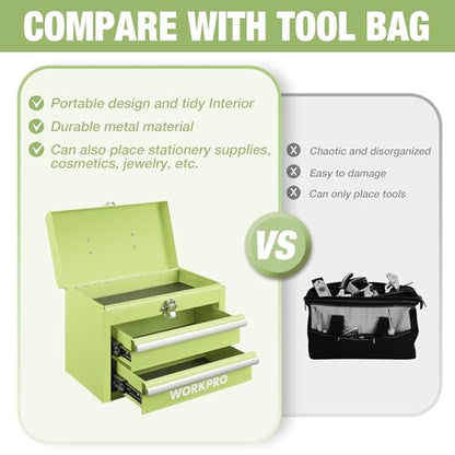 WORKPRO Portable Mini Tool Box, 2 Drawers Metal Tool Chest with Ball Bearing Slides, Top Storagewith Latch, Ergonomic Carrying Handle, Mechanic Toolbox with PVC Liners and PP Feet Pads - color: Macaron Green