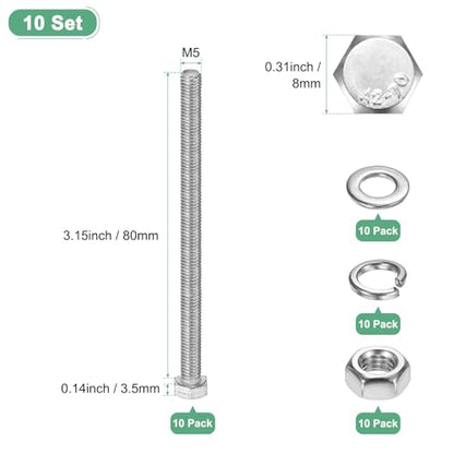 M METERXITY 10-Pack Hex Head Screw Bolt with Nuts Flat & Lock Washers M5x80mm Stainless Steel Bolts and Nuts Kit Fully Threaded Metric Bolt Assortment for Equipment/Machinery - size: M5x80mm