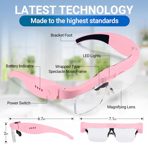 YOCTOSUN Magnifying Glasses with Light, Rechargeable Magnifying Headset with 5 Detachable Lenses 0.75X-4.0X and 3 LED Lights, Hands Free Headband Magnifier for Close Work Hobby Crafts Jewelry - color: Pink