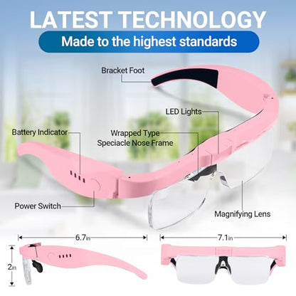 YOCTOSUN Magnifying Glasses with Light, Rechargeable Magnifying Headset with 5 Detachable Lenses 0.75X-4.0X and 3 LED Lights, Hands Free Headband Magnifier for Close Work Hobby Crafts Jewelry - color: Pink