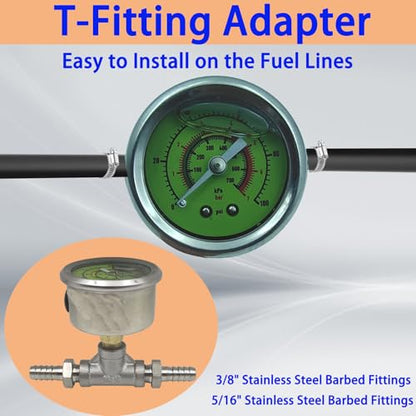 0-100psi Glycerin Filled Fuel Pressure Gauge Kit, Fuel Pressure Gauge Kit, 1-1/2" Dial Size Fuel Pressure Gauge for Car, 1/8'' NPT Inline Fuel Pressure Gauge with 3/8'' 5/16'' Barb, Back Mount