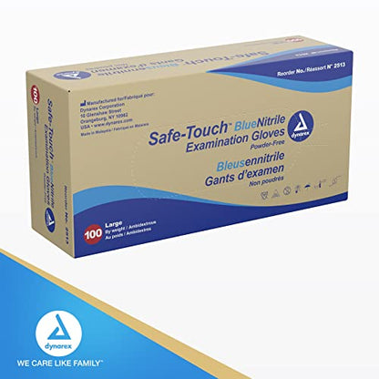 Dynarex Safe-Touch Disposable Nitrile Exam Gloves, Powder-Free, Latex-Free, Touchscreen Friendly & Used by Professionals, Blue, Large, 1 Box of 100 Safe-Touch Disposable Nitrile Exam Gloves - size: 100 Count (Pack of 1)