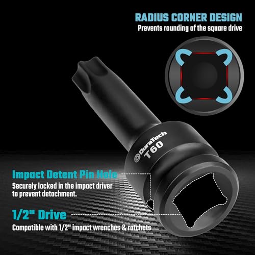 DURATECH 8-Piece 1/2" Drive Impact Torx Bit Set | T30, T40, T45, T50, T55, T60, T70, T80 Torx Bits, Cr-Mo Steel, Organized in Storage Case