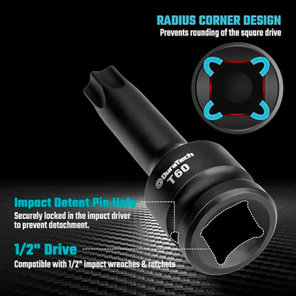 DURATECH 8-Piece 1/2" Drive Impact Torx Bit Set | T30, T40, T45, T50, T55, T60, T70, T80 Torx Bits, Cr-Mo Steel, Organized in Storage Case