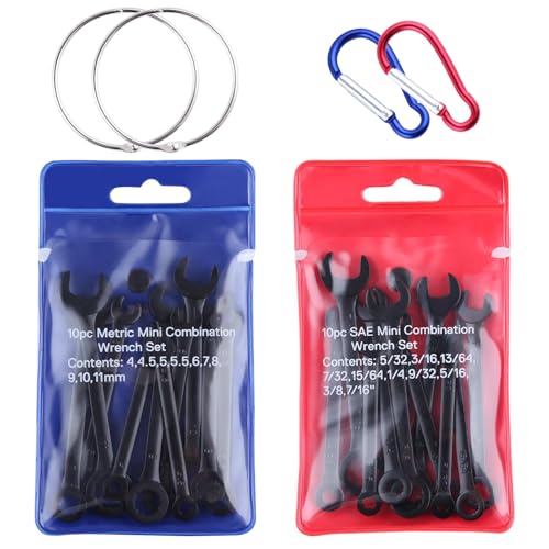 20PCS Mini Wrench Set 4mm-11mm & 5/32"-7/16" | Standard Metric and SAE, Black Electrophoretic Coating, Portable Pouch and Key Rings, Open End and Box End Combination - size: SAE&Metric Set A