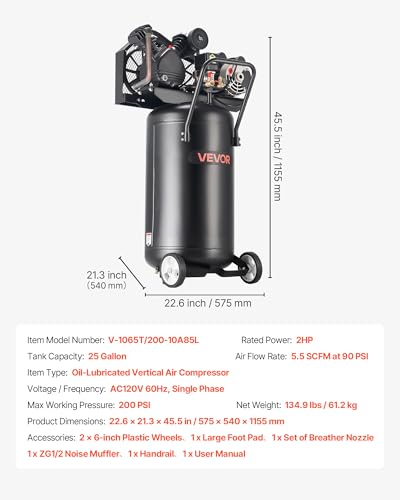 VEVOR 25-Gallon Air Compressor, 2HP 5.5 SCFM at 90PSI, Max 200PSI Pressure Oil-Lubricated Air Compressor Tank, Portable on Wheels for Auto Repair, Tire Inflation, Spray Painting, Woodwork Nailing 120V - size: 25-Gallon