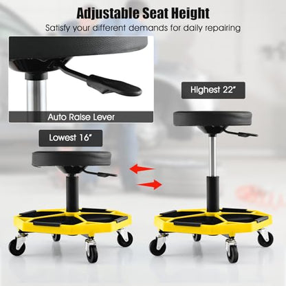 S AFSTAR Garage Shop Roller Seats, Adjustable Pneumatic Rolling Creeper Stool W/Tool Storage Tray & 4 Universal Wheels, Padded Mechanic Stool Repair Shop Stool Garage Rolling Stool (Yellow - color: Yellow