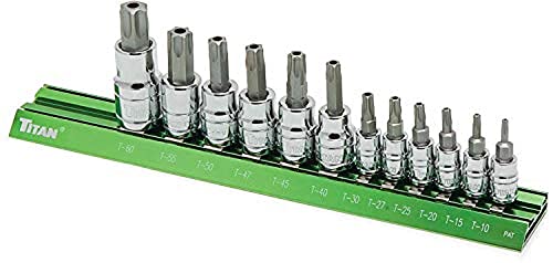Titan 16121 12-Piece Tamper Resistant Torx Bit Socket Set, Magnetic Socket Organizer with Laser-Etched Size Markings - style: TR Torx