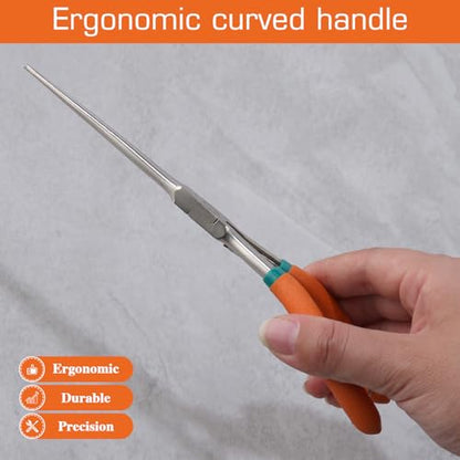 Long Reach Needle Nose Pliers 7" Thin Extra Long Needle Nose Plier | Serrated Jaw, Curved Handle, Lanyard, Spring Loaded, for Jewelry Making, Fishing, Wire Wrapping, Crafts, Electronic Repair - style: Sharp Point