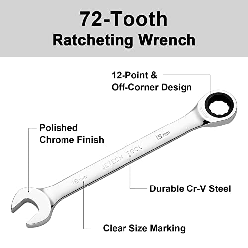 Jetech 18mm Ratchet Wrench, Ratcheting Combination Wrench Metric, Industrial Grade Gear Spanner with 12-Point Design, 72-Tooth Ratchet, Chrome Vanadium Steel for Auto & DIY Repair - size: 18mm